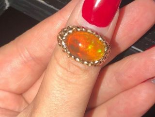 Solid 14k Yellow Gold Orange Mexican Fire Opal Ring Oval Unusual Vintage sz 6.  5 3