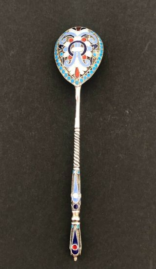Antique 84 Zolotnik Russian Silver Spoon Enamel Decoration Signed