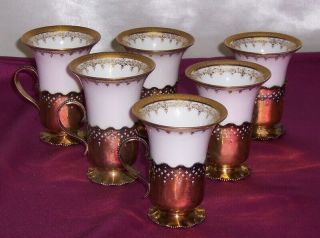 Limoges France 6 Porcelain Rare Chocolate Cups With Gold Wash Sterling Holders