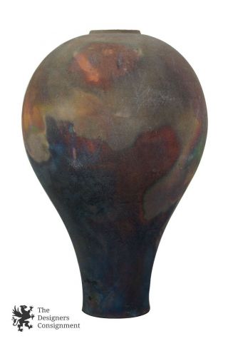 Raku Fired Signed Ceramic Vase Studio Art Pottery Bulbous Vintage 12 "