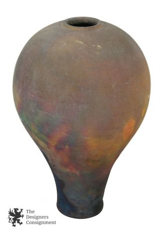 Raku Fired Signed Ceramic Vase Studio Art Pottery Bulbous Vintage 12 