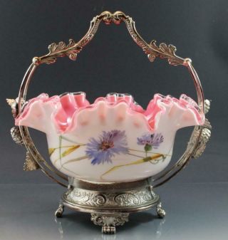 Antique Pairpoint Silver Silverplate Brides Basket Pink Cased Glass Insert