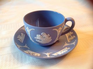 Vintage Wedgewood Blue/white Jasperware Teacup And Saucer 1952 -