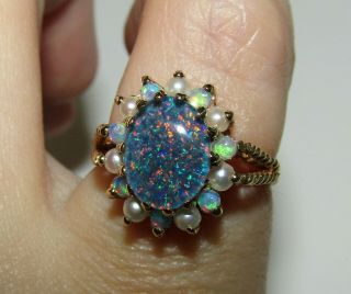 Magical,  Art Deco,  9 Ct Gold Ring With Black And Fire Opal Gems And Pearls