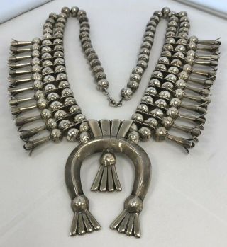 Vintage Navajo Squash Blossom Necklace Sterling Silver Stamped Navajo Pearls