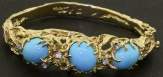 Vintage Heavy 14k Gold.  36ct Diamond & 12.  6 X 10mm Turquoise Bangle Bracelet