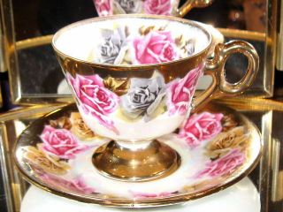 Royal Sealy Pink Roses Hvy Gold Mother Of Pearl Tea Cup And Saucer Footed Teacup