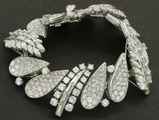 Heavy Vintage 1950s Platinum 20.  0ctw Vs Diamond Cluster Leaf Link Bracelet