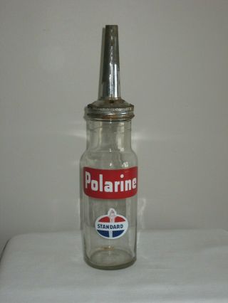 Polarine Standard Oil Quart Glass Bottle & Spout Vintage Oil Can