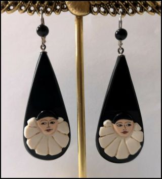 Vintage Butler And Wilson Carved Galalith Dangling Pierrot Earrings - Pierced