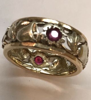 VINTAGE 14K Two Color Gold Chased Openwork Eternity Natural Ruby Band 4