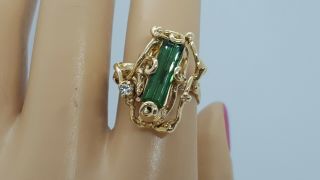 Vintage 14k Yellow Gold Freeform Apple Green Tourmaline & Diamond Ring