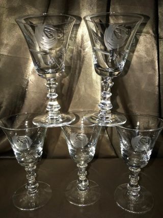 5 Fostoria Cut Crystal Rose 6036 Claret Wine Glasses Stemware 827 Vntg Elegant