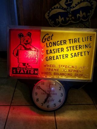 Rare Bear Saftey Service Station Oil Lighted Clock Ohio Ad Display Co Vtg