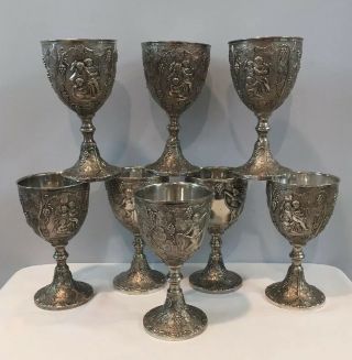 Set Of 8 C & Co Corbell 5 - 7/8 " Silver Plated Wine Goblets Grape Vines & Cherubs