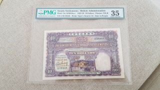 Straits Settlements 10 Dollars 1925 Pmg35 Extremely Rare Banknote