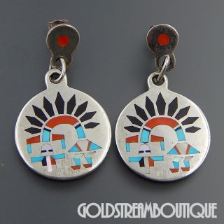 Vintage Fred & Lolita Natachu Zuni Sterling Silver Inlay Rainbow Man Earrings