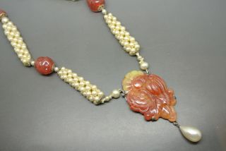 Vintage French Louis Rousselet Red Carved Glass Pendant Pearl Beaded Necklace