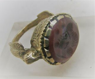 Lovely Antique Near Eastern Gold Gilded Ring With Jasper Intaglio Stone