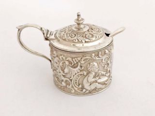 1892 Solid Silver Mustard Pot With Glass Liner & Spoon (r3060a)