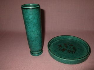 Vintage Gustavsberg Argenta Wilhelm Kage Art Pottery Silver Overlay Vase & Tray 4