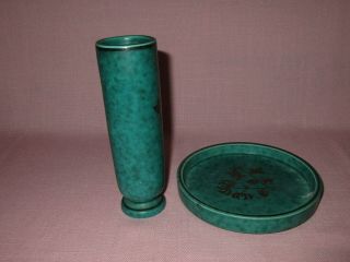 Vintage Gustavsberg Argenta Wilhelm Kage Art Pottery Silver Overlay Vase & Tray 5