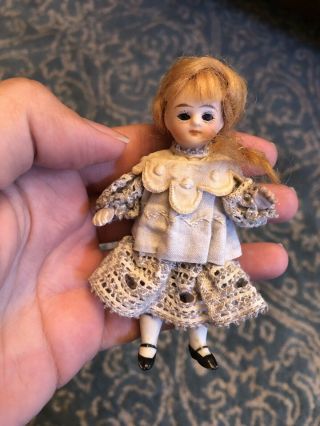 Stunning 4” All Bisque French Market Antique Mignonette Doll All