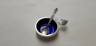 Georg Jensen Acanthus Sterling And Cobalt Salt Cellar And Spoon X 2