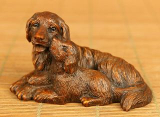 Chinese Old Boxwood Hand Carving Dog Maternal Love Statue Netsuke Decoration