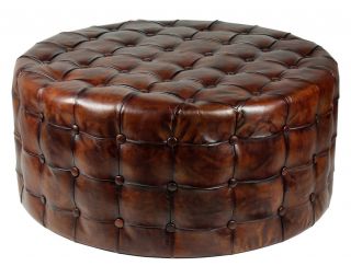 Round Ottoman Top Grain Tufted Fancy Leather Vintage Brown,  36  D X 16  H
