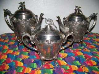 Antique Meriden B Company 1880 Footed Serving Dish & Coffe & Teapot Set Silver