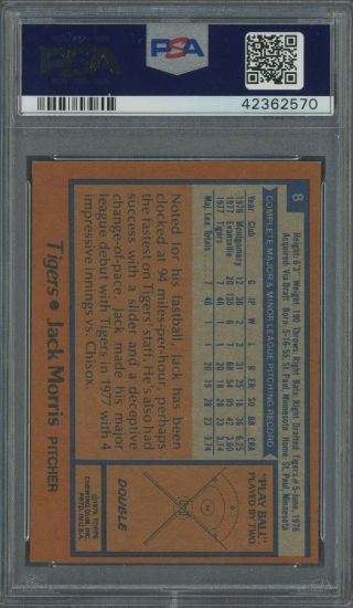 1978 Topps Burger King 8 Jack Morris Tigers RC Rookie HOF PSA 10 