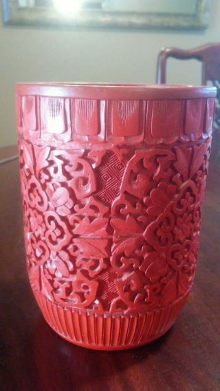 Antique Vintage Chinese Cinnabar Lacquer Brush Pot Vase 2