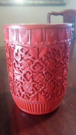 Antique Vintage Chinese Cinnabar Lacquer Brush Pot Vase 3