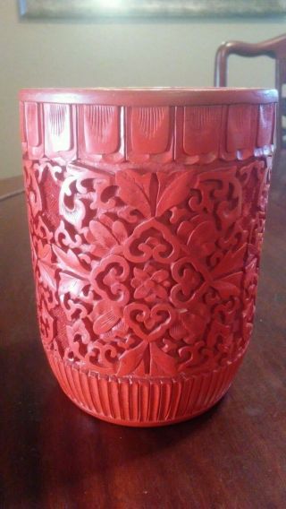 Antique Vintage Chinese Cinnabar Lacquer Brush Pot Vase 4