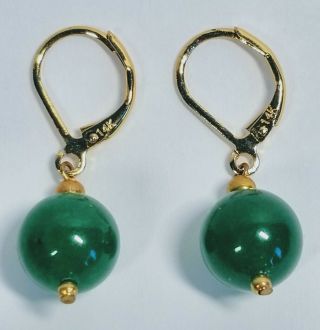 Vintage 1920s Chinese 14k Yellow Gold And Green Jade Beaded Earrings Lever Back