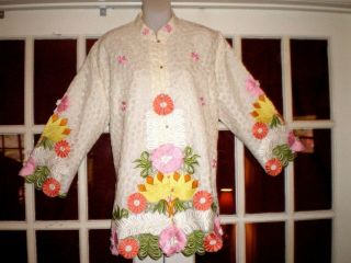 Vtg To Old Chinese Jacket/robe W/cut Outs & Embroidered Flowers Sz Xl