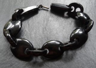 Antique Victorian Whitby Jet Carved Chain Link Panel Bead Bracelet - C874