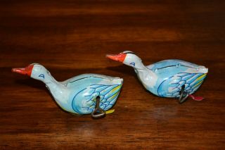 2 Vintage Wind Up Toy Inakita Tin Litho Swimming Duck Goose Japan Inv.  519 - 2