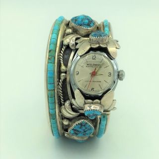 Vintage Brian Kachinvama Hopi Silver And Turquoise Bracelet Cuff Watch