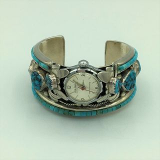 Vintage Brian Kachinvama Hopi Silver and Turquoise Bracelet Cuff Watch 2