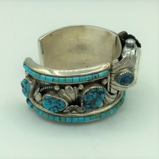 Vintage Brian Kachinvama Hopi Silver and Turquoise Bracelet Cuff Watch 5