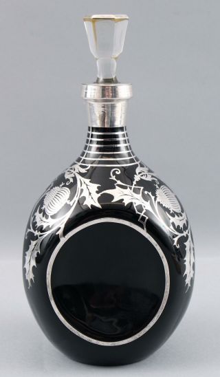 Antique Cambridge Glass Black Pinch Decanter Bottle Sterling Thistles Overlay 3