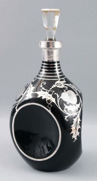 Antique Cambridge Glass Black Pinch Decanter Bottle Sterling Thistles Overlay 8