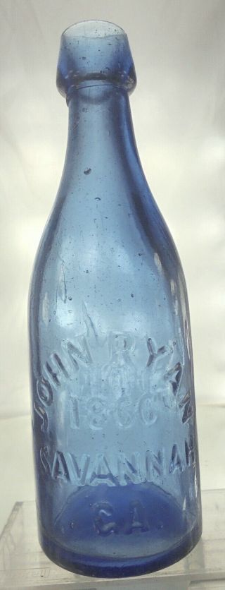 John Ryan Cider Savannah Georgia.  Antique Applied Top Soda Bottle.  Cobalt