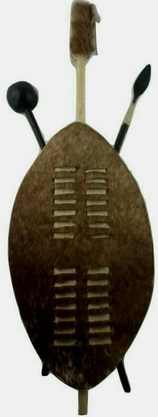 Vintage Zulu Cowhide Shield With Knobkerrie And Spear