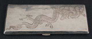 Long Antique Chinese Hallmarked Silver Cigarette Case Engraved Dragon,  Nr
