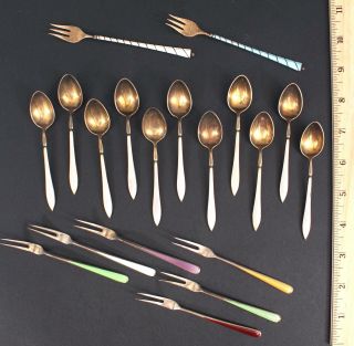 19 Denmark Norway Sterling Guilloche Enamel Demitasse Spoons Cocktail Forks