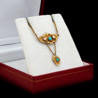 Antique Vintage Georgian 18k Gold Sweetheart Persian Turquoise Pearl Necklace