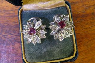 Vintage palladium ART DECO ANTIQUE 1920 ' s RUBY DIAMOND earrings C4 2